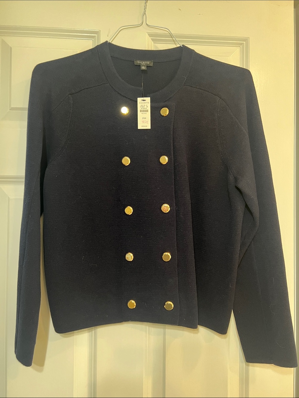 Talbots Navy Double-Breasted Gold-Button Cardigan M petite NWT